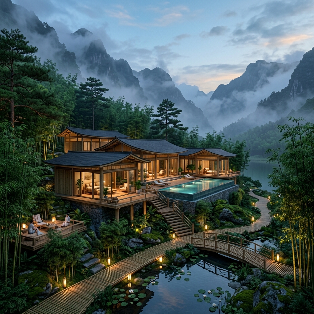A serene luxury eco-friendly wellness sanctuary architecture surrounded by pristine alpine bamboo forest, misty mountains, glowing minimalist ambient lighting, 3d render 8k resolution